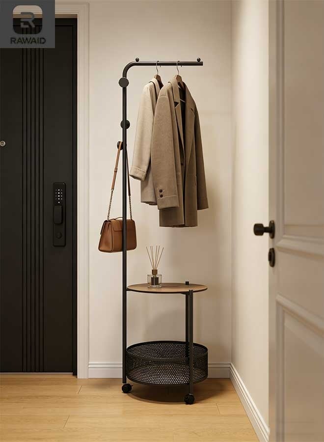 RAWAID Metal Clothes Rack Tree, Coat Rack with Side Table Basket and Wheels,Coat Rack with Stands, Industrial Style,Floor Hallway Cabinet with 3 Hooks for Clothes, Hats, Bags 40x40x175cm - Image 4